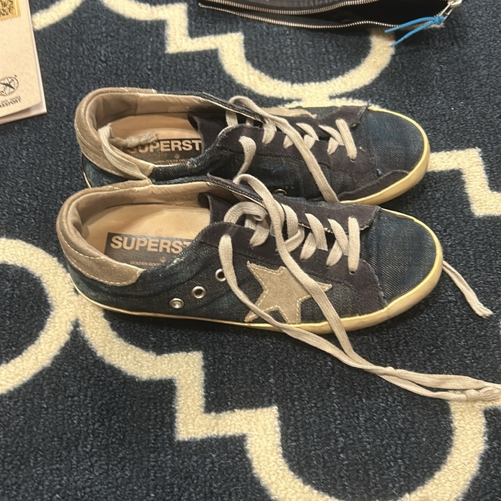 Golden goose superstars dark denim distressed sneakers size 8